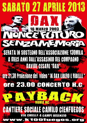 Volantino 27 Aprile 2013 - serata di solidariet per i compagni del 130mila - proiezione video dax - concerto hc