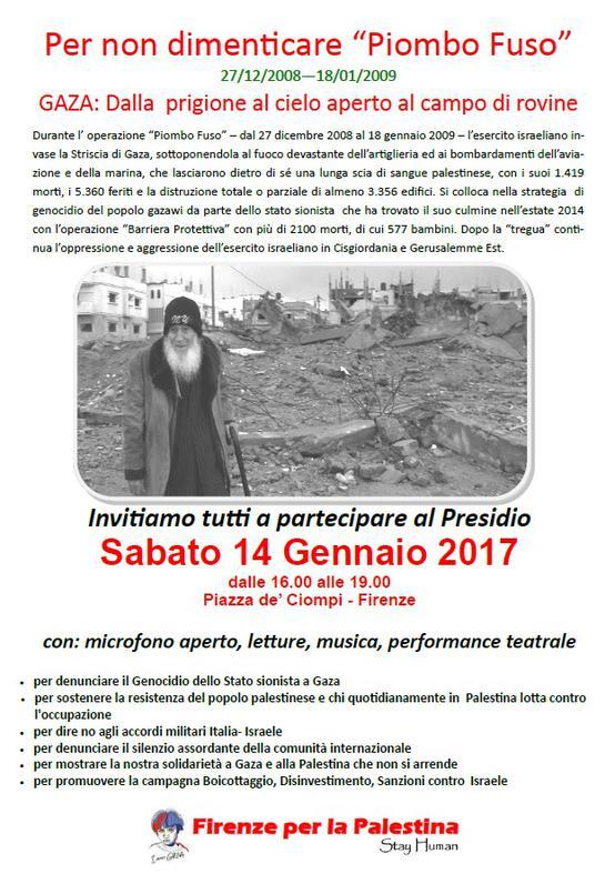Volantino Firenze per la Palestina Volantino 14 gennaio 2017 presidio per non dimenticare Piombo Fuso
