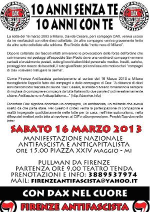 Firenze antifascista volantino 16 Marzio 2013 - Dax 10 anni senza te, 10 anni con te - Dax Resiste - Con Dax nel cuore