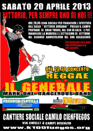 Volantino 20 Aprile 2013 - cena finanziamento asilo palestina - concerto reggae - il generale